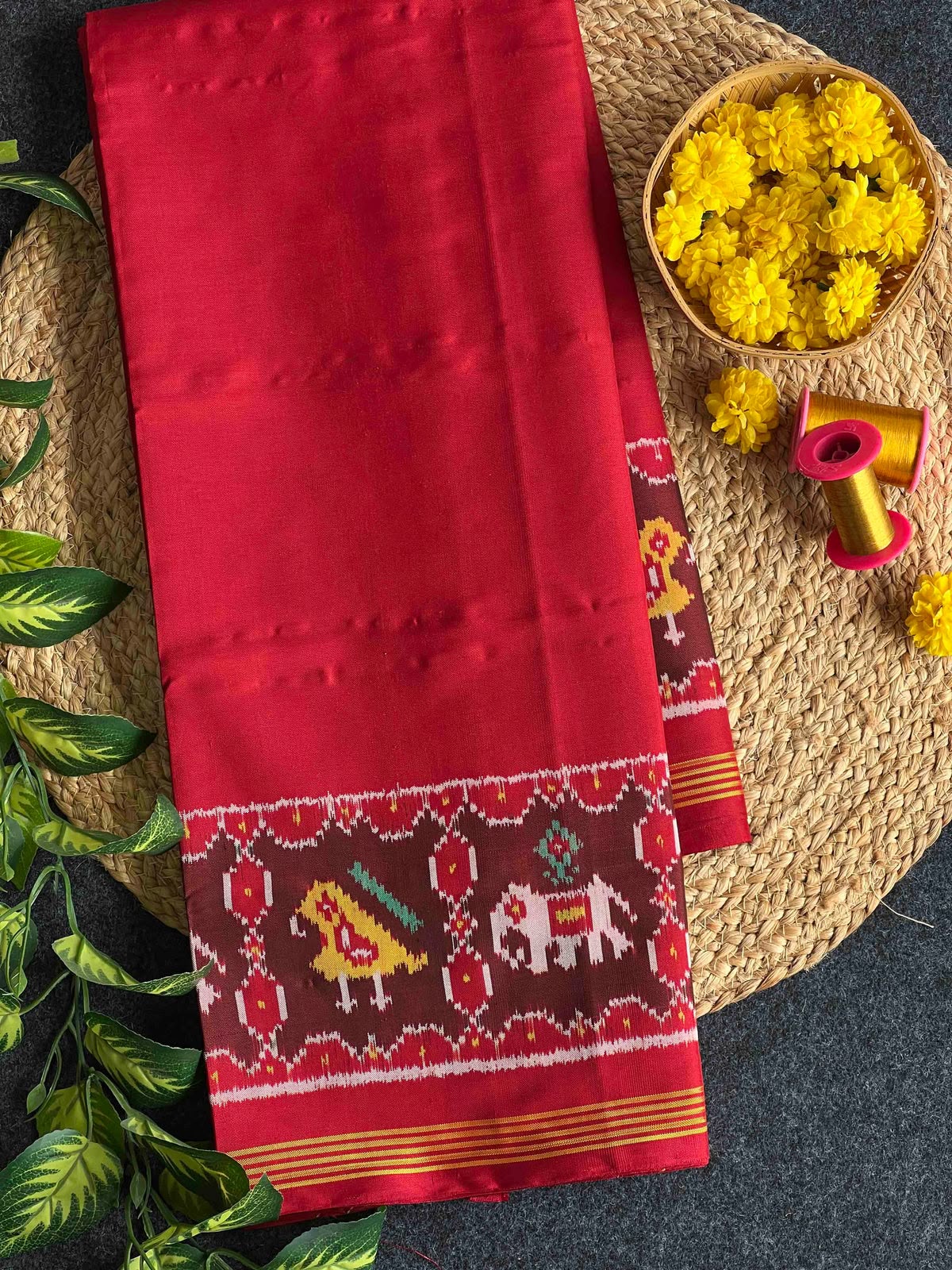 Plain red gala design with flowers Pallu Patola silk Saree
